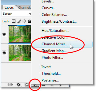 Selecting Channel Mixer from the list of adjustment layers