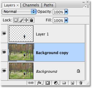 Menduplikasi layer Background di Photoshop. Image © 2009 Photoshop Essentials.com.