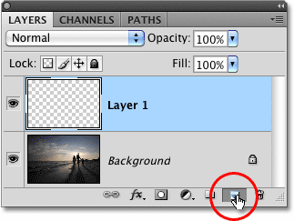 Clicking the New Layer icon in the Layers palette in Photoshop. Image © 2010 Photoshop Essentials.com.