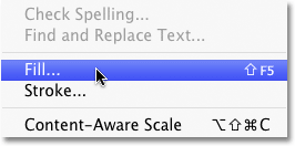 Selecting the Fill command from the Edit menu in Photoshop. Image © 2010 Photoshop Essentials.com.