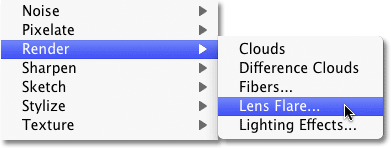 Selecting the Lens Flare filter in Photoshop. Image © 2010 Photoshop Essentials.com.