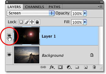 Lapisan ikon visibilitas untuk Layer 1 di Photoshop. Image © 2010 Photoshop Essentials.com.