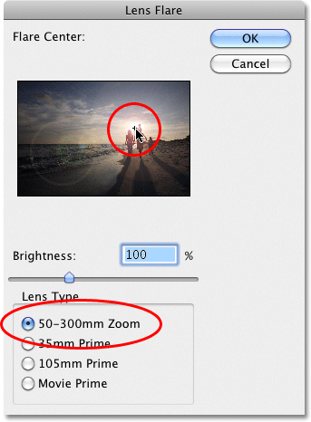 The Lens Flare dialog box in Photoshop. Image © 2010 Photoshop Essentials.com.