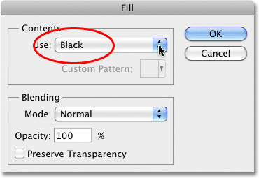 The Fill command dialog box in Photoshop. Image © 2010 Photoshop Essentials.com.