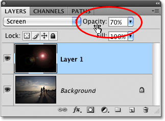 Lowering the opacity of the lens flare. Image © 2010 Photoshop Essentials.com.