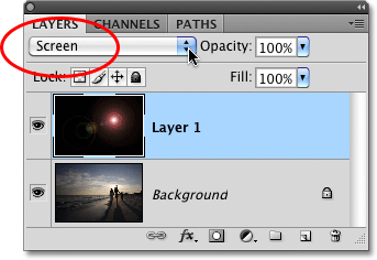 Changing the blend mode of Layer 1 to Screen in Photoshop. Image © 2010 Photoshop Essentials.com.