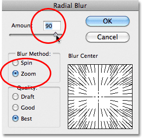 Photoshop Radial Blur dialog box. Image © 2011 Photoshop Essentials.com.