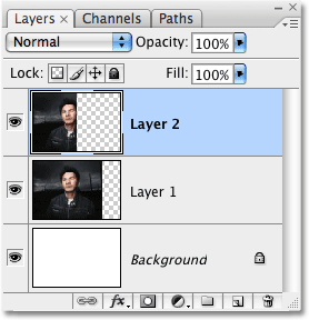 Pemilihan muncul pada layer baru di palet Layers. Gambar © 2008 Photoshop Essentials.com.