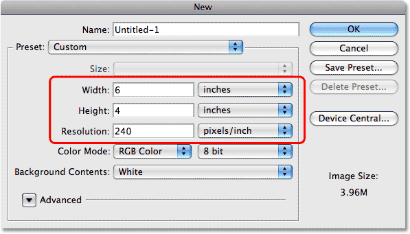 Dokumen Baru kotak dialog di Photoshop. Gambar © 2008 Photoshop Essentials.com.