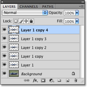 Beberapa salinan dari 'Layer 1' muncul dalam palet Layers di Photoshop. Image © 2009 Photoshop Essentials.com.