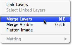 The Merge Layers command in Photoshop. Image © 2009 Photoshop Essentials.com.