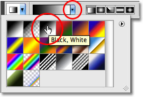 Selecting the black to white gradient from the Options Bar in Photoshop. Image © 2009 Photoshop Essentials.com.