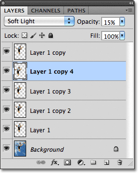 Lima salinan subjek utama muncul pada panel Layers. Gambar © 2011 Photoshop Essentials.com.