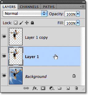 Memilih Layer 1 di panel Layers. Gambar © 2011 Photoshop Essentials.com.