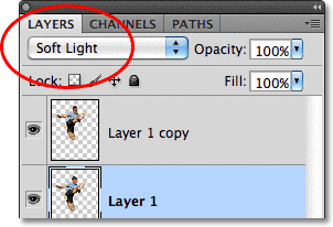 Mengubah modus campuran lapisan untuk Soft Light di Photoshop. Gambar © 2011 Photoshop Essentials.com.