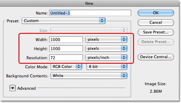 Photoshop New Document dialog box. Image © 2011 Photoshop Essentials.com.