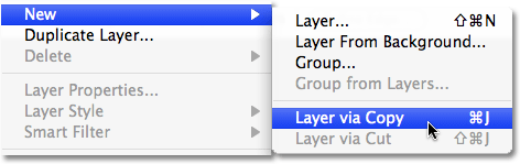 Memilih 'New Layer via Copy' dari menu Layer dalam Photoshop. Gambar © 2008 Photoshop Essentials.com.