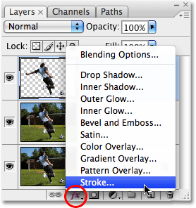 Daftar gaya lapisan di palet Layers di Photoshop. Gambar © 2008 Photoshop Essentials.com.