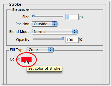 Pilihan warna stroke di kotak dialog Layer Style. Gambar © 2008 Photoshop Essentials.com.