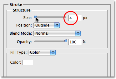 The Stroke Ukuran pilihan dalam kotak dialog Layer Style di Photoshop. Gambar © 2008 Photoshop Essentials.com.