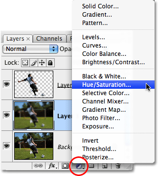Memilih lapisan penyesuaian Hue / Saturation. Gambar © 2008 Photoshop Essentials.com.
