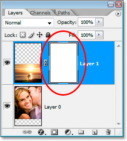 Photoshop's Layers palette now showing the newly added layer mask thumbnail.