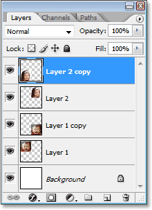 Photoshop's Layers palette showing five layers.