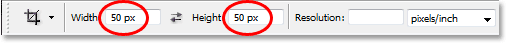 Entering '50 px' for both the width and height in the Options Bar.