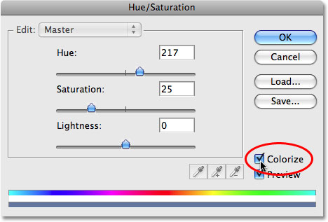 The Colorize option in the Hue/Saturation dialog box in Photoshop. Image  © 2008 Photoshop Essentials.com.