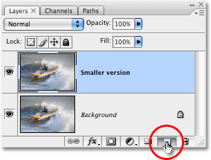 . Ikon New Layer di palet Layers di Photoshop. Gambar © 2008 Photoshop Essentials.com.