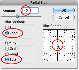 The Radial Blur kotak dialog di Photoshop. Gambar © 2008 Photoshop Essentials.com.