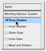 Выбор стиля слоя Drop Shadow в Photoshop. Image © 2008 Photoshop Essentials.com.