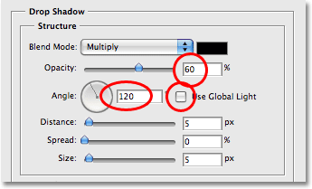 Pilihan Drop Shadow pada kotak dialog Layer Style. Gambar © 2008 Photoshop Essentials.com.