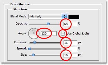 The Drop Shadow options in the Layer Style dialog box. Image © 2008 Photoshop Essentials.com.