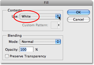 Choosing White for the Fill contents. Image © 2008 Photoshop Essentials.com.