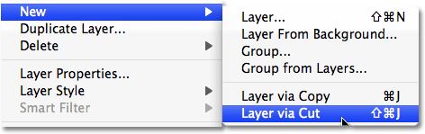 Choosing New - Layer via Cut from the Layer menu in Photoshop. Image © 2008 Photoshop Essentials.com.