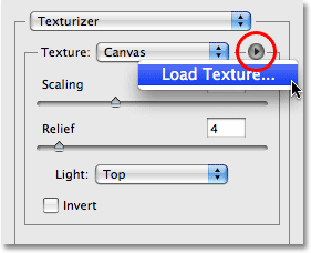 Clicking on the small arrow beside the Texture selection option, then select 'Load Texture'. Image © 2008 Photoshop Essentials.com.