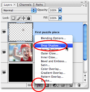 Memilih layer style Drop Shadow. Gambar © 2008 Photoshop Essentials.com.