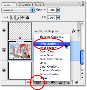 Memilih layer style Drop Shadow. Gambar © 2008 Photoshop Essentials.com.