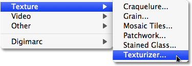 Selecting the Texturizer filter from the Filter menu in Photoshop. Image © 2008 Photoshop Essentials.com.