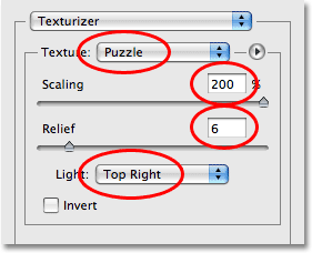 Changing the options for the Puzzle texture. Image © 2008 Photoshop Essentials.com.