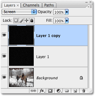 Дублирование "Layer 1" в палитре слоев в Photoshop. Image © 2008 Photoshop Essentials.com.