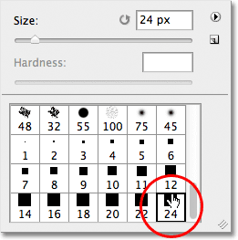 Selecting the Hard Square 24 pixels brush in Photoshop. Image © 2011 Photoshop Essentials.