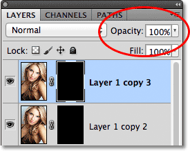 The Opacity value for the top layer is set to 100%. Image © 2011 Photoshop Essentials.