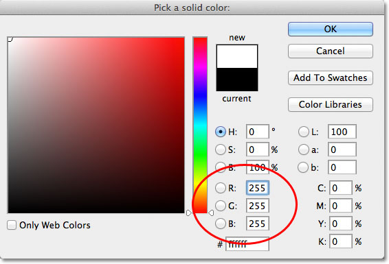 Choosing white from the Color Picker in Photoshop. Image © 2011 Photoshop Essentials.