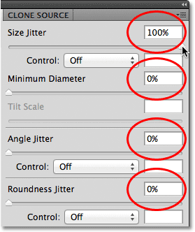 Pilihan Dinamika Shape dalam panel brushes di Photoshop. Gambar © 2011 Photoshop Essentials.