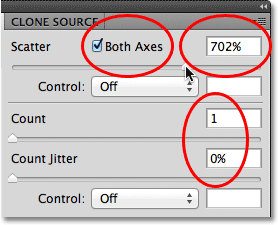 The Scattering options in the Brushes panel in Photoshop. Image © 2011 Photoshop Essentials.