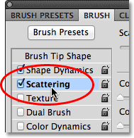 Selecting the Scattering options in the Brushes panel in Photoshop. Image © 2011 Photoshop Essentials.