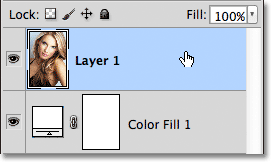 Selecting Layer 1 in the Layers panel. Image © 2011 Photoshop Essentials.