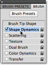 Memilih Shape Dynamics pilihan dalam panel brushes di Photoshop. Gambar © 2011 Photoshop Essentials.